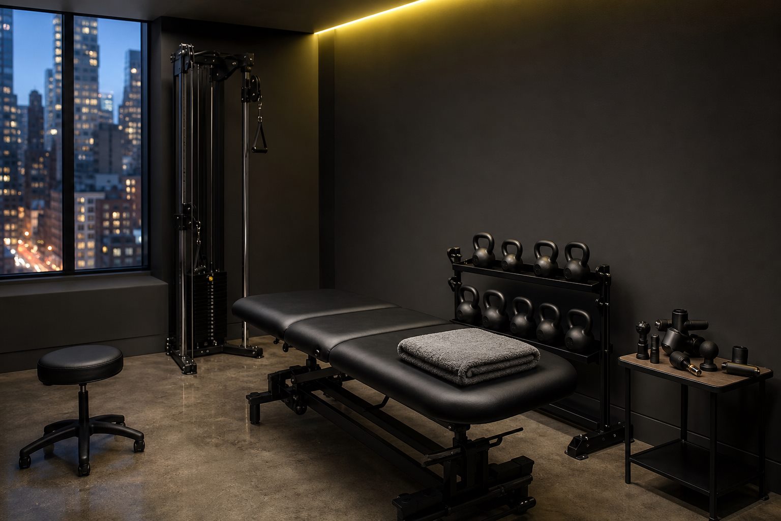 Private treatment room with table, cable column and kettlebells at Diamond and Schultz