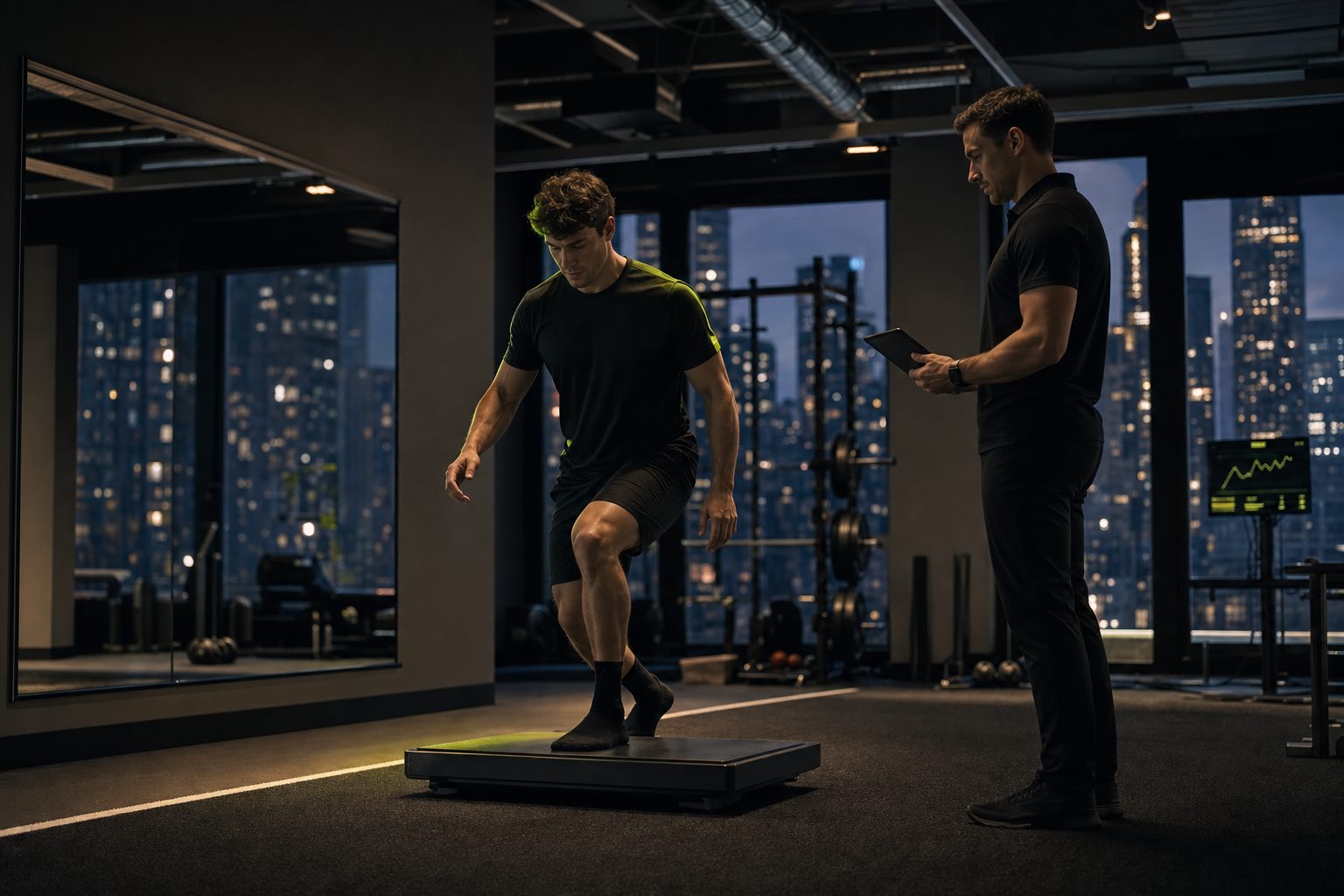Athlete performing a single-leg step-down onto a force plate while a therapist records the reading
