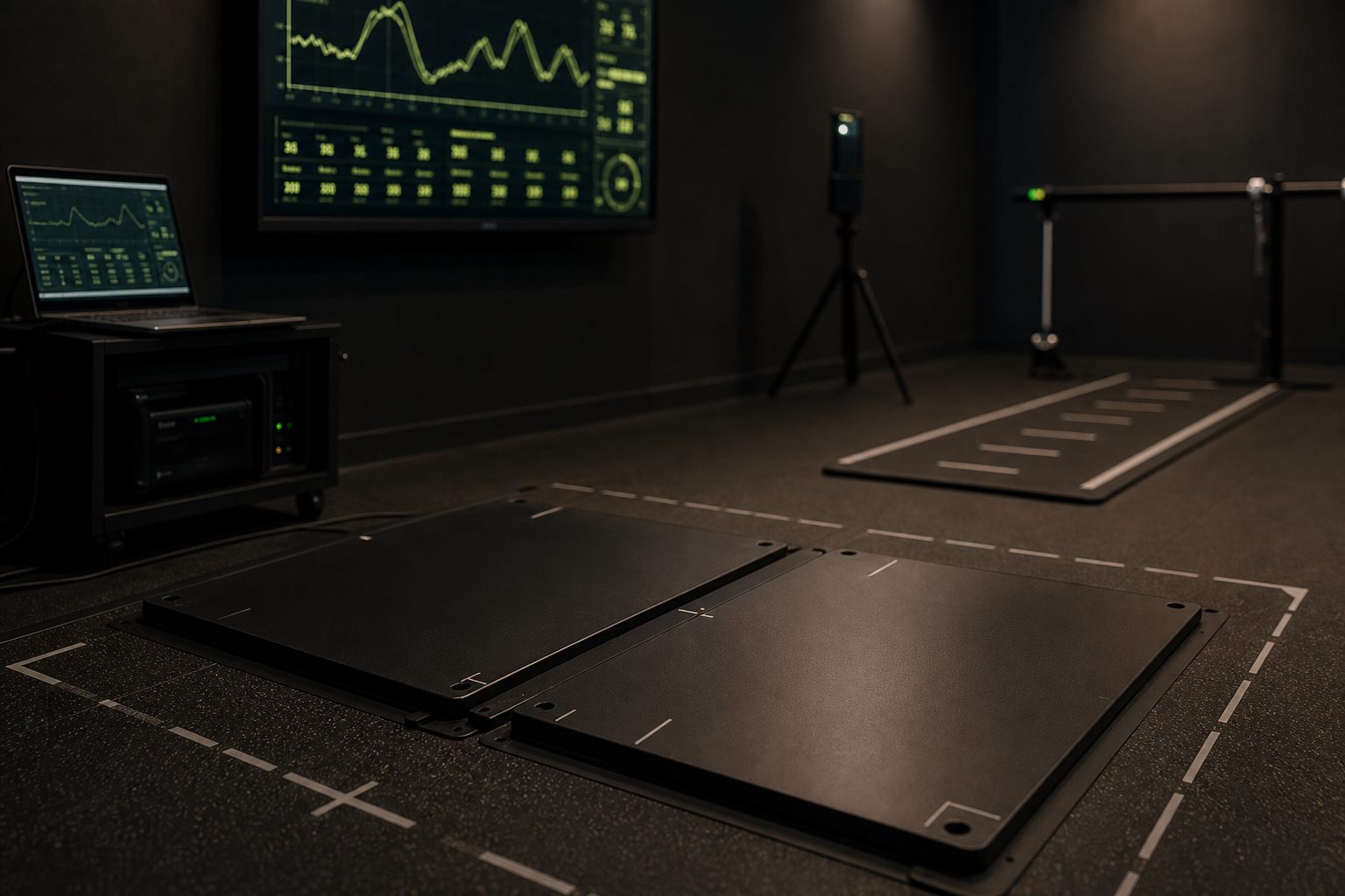 Force plates and testing readout in the Diamond and Schultz testing lane